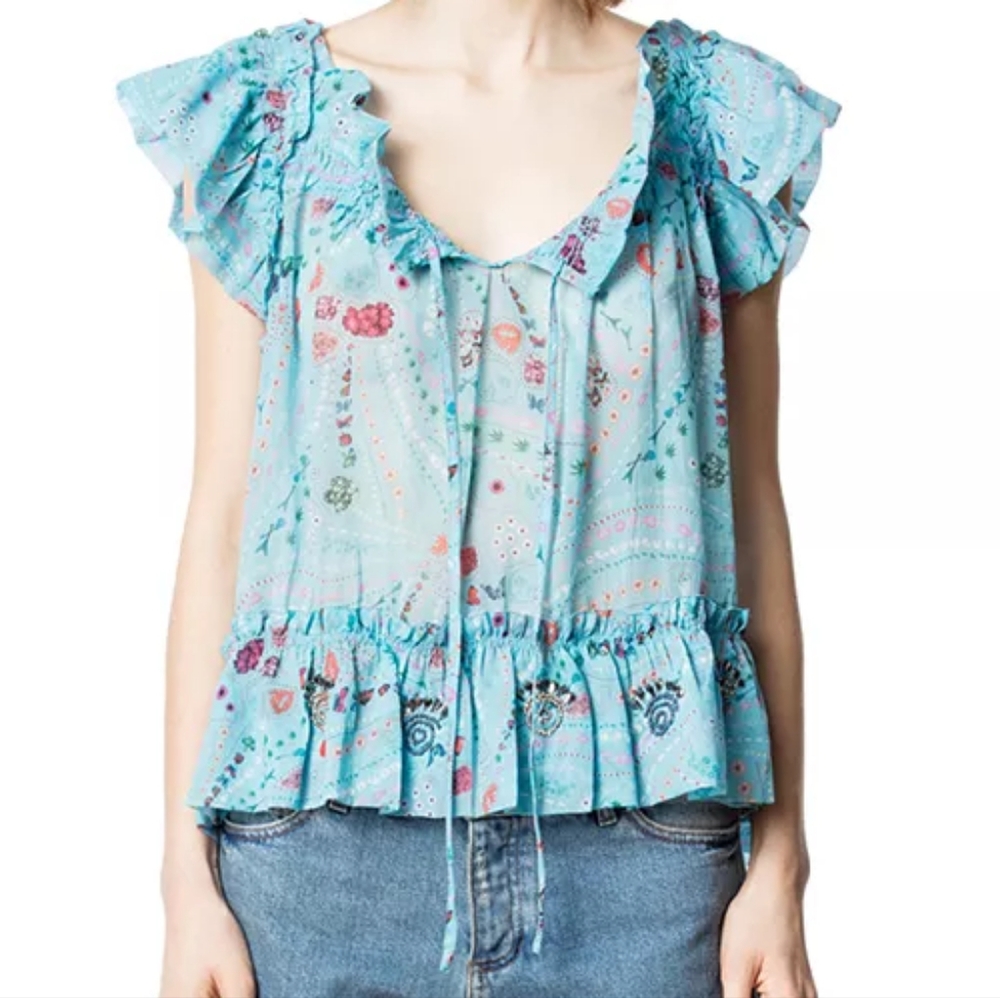 ZADIG & VOLTAIRE Psyche Tutti Sheer Print Top M.